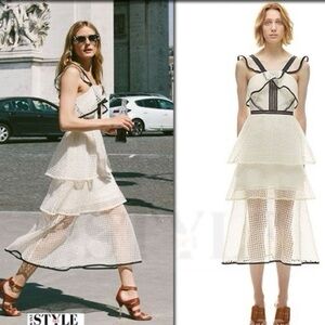 Self-Portrait Contrast Flounce Tiered Midi Dress cream lace with black trims - 2